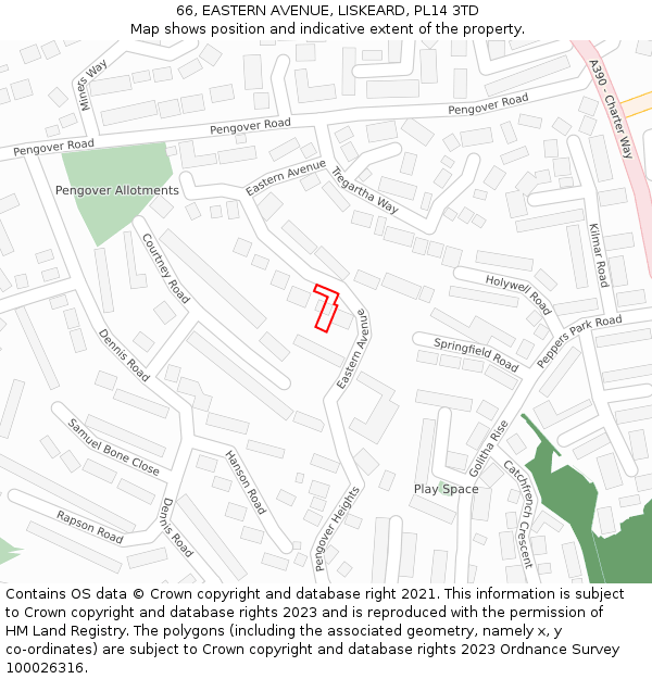 66, EASTERN AVENUE, LISKEARD, PL14 3TD: Location map and indicative extent of plot