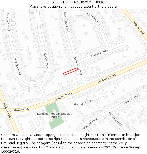 66, GLOUCESTER ROAD, IPSWICH, IP3 9LF: Location map and indicative extent of plot