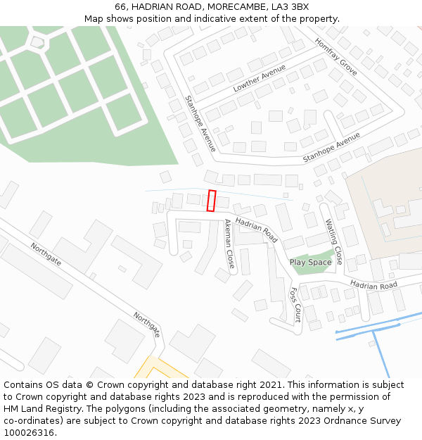 66, HADRIAN ROAD, MORECAMBE, LA3 3BX: Location map and indicative extent of plot