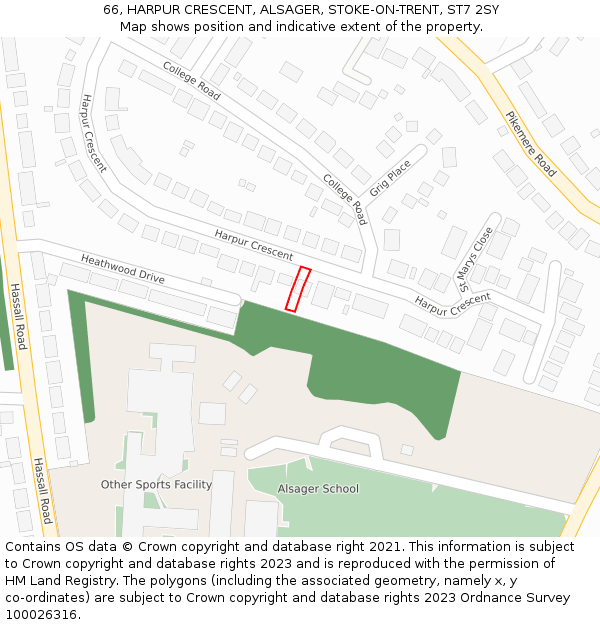 66, HARPUR CRESCENT, ALSAGER, STOKE-ON-TRENT, ST7 2SY: Location map and indicative extent of plot