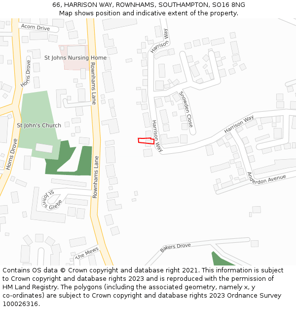 66, HARRISON WAY, ROWNHAMS, SOUTHAMPTON, SO16 8NG: Location map and indicative extent of plot