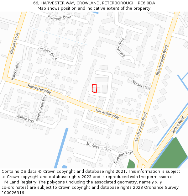 66, HARVESTER WAY, CROWLAND, PETERBOROUGH, PE6 0DA: Location map and indicative extent of plot