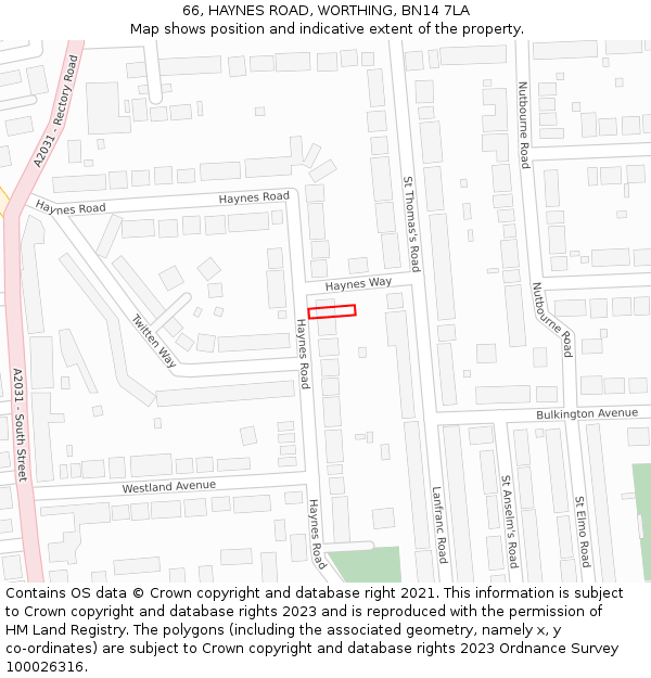 66, HAYNES ROAD, WORTHING, BN14 7LA: Location map and indicative extent of plot