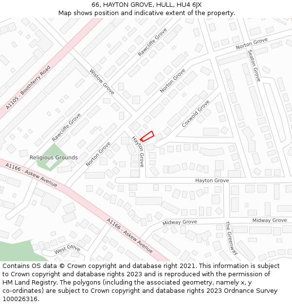 66, HAYTON GROVE, HULL, HU4 6JX: Location map and indicative extent of plot