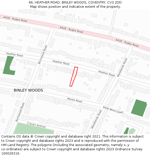 66, HEATHER ROAD, BINLEY WOODS, COVENTRY, CV3 2DD: Location map and indicative extent of plot