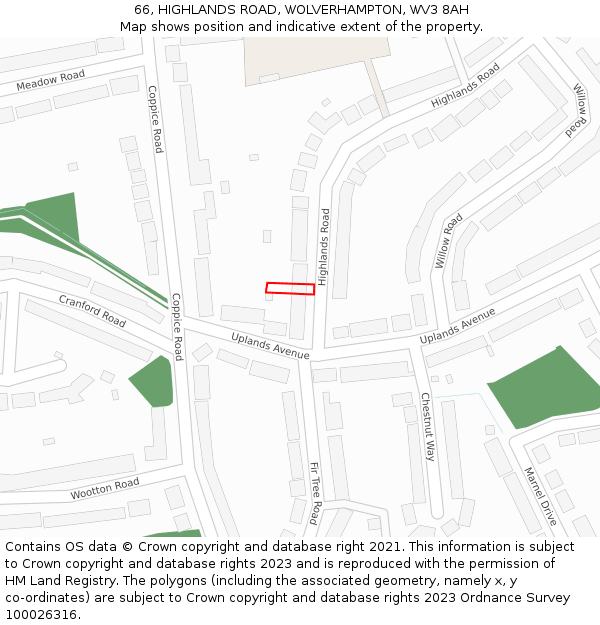 66, HIGHLANDS ROAD, WOLVERHAMPTON, WV3 8AH: Location map and indicative extent of plot