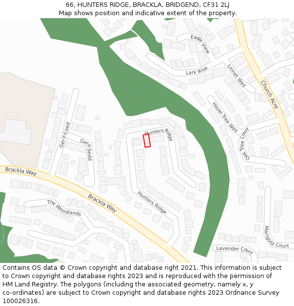 66, HUNTERS RIDGE, BRACKLA, BRIDGEND, CF31 2LJ: Location map and indicative extent of plot