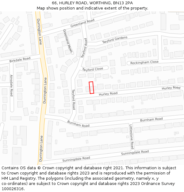 66, HURLEY ROAD, WORTHING, BN13 2PA: Location map and indicative extent of plot