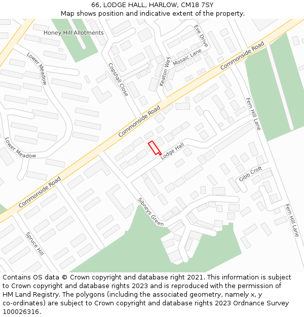 66, LODGE HALL, HARLOW, CM18 7SY: Location map and indicative extent of plot