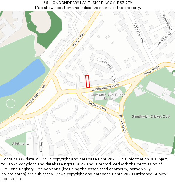 66, LONDONDERRY LANE, SMETHWICK, B67 7EY: Location map and indicative extent of plot