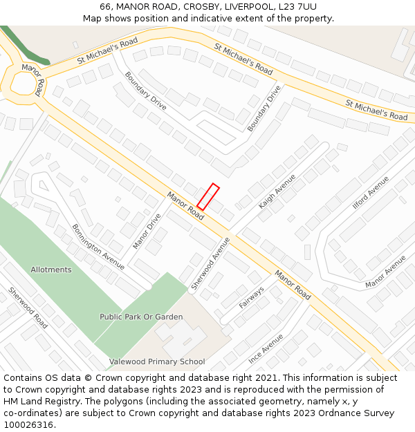66, MANOR ROAD, CROSBY, LIVERPOOL, L23 7UU: Location map and indicative extent of plot