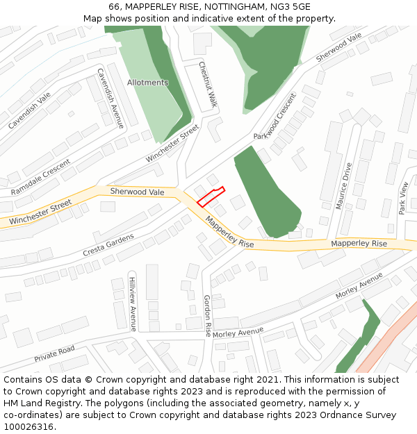 66, MAPPERLEY RISE, NOTTINGHAM, NG3 5GE: Location map and indicative extent of plot
