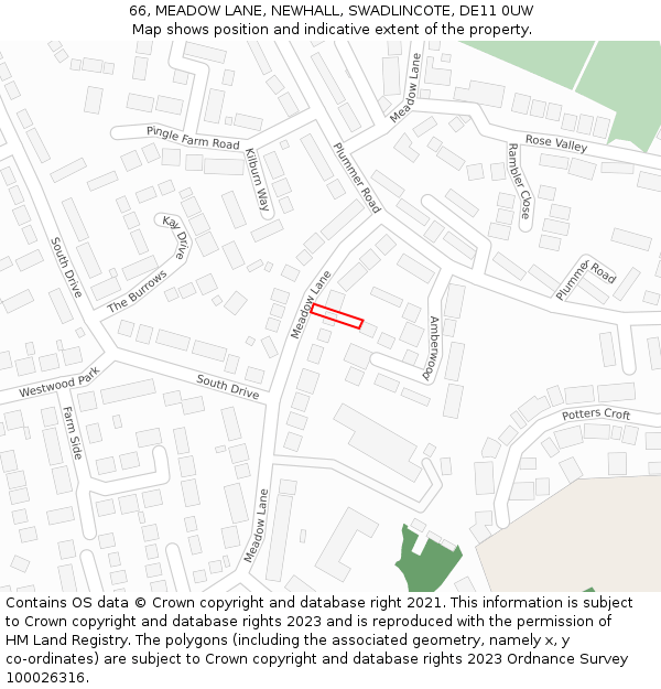 66, MEADOW LANE, NEWHALL, SWADLINCOTE, DE11 0UW: Location map and indicative extent of plot