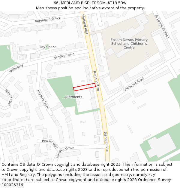 66, MERLAND RISE, EPSOM, KT18 5RW: Location map and indicative extent of plot
