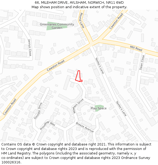 66, MILEHAM DRIVE, AYLSHAM, NORWICH, NR11 6WD: Location map and indicative extent of plot