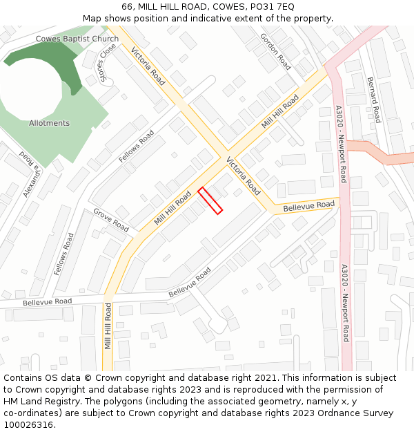 66, MILL HILL ROAD, COWES, PO31 7EQ: Location map and indicative extent of plot