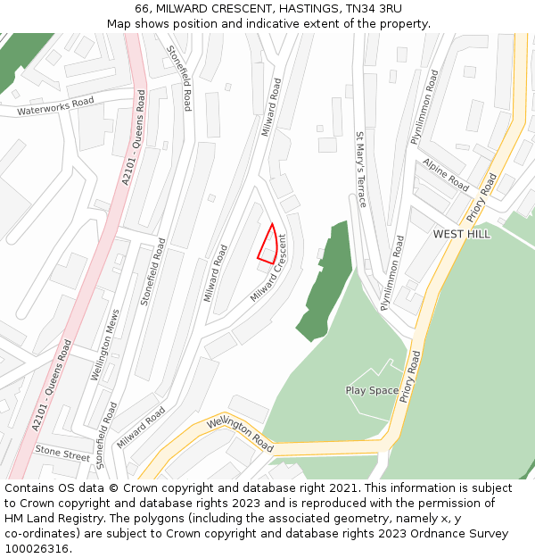 66, MILWARD CRESCENT, HASTINGS, TN34 3RU: Location map and indicative extent of plot
