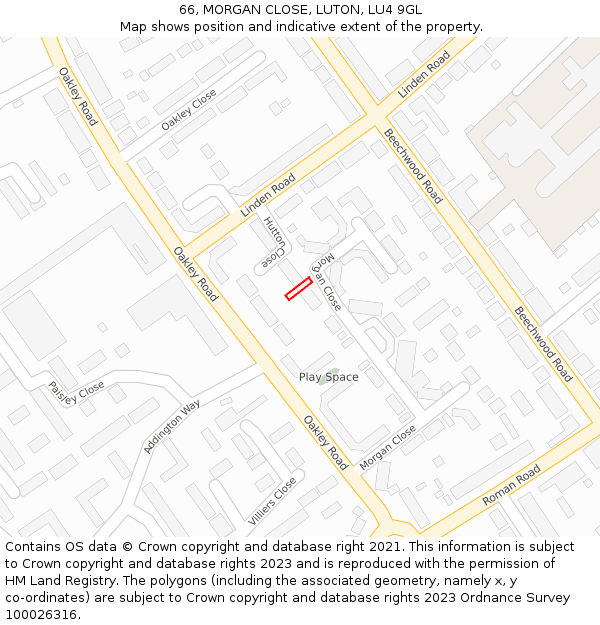66, MORGAN CLOSE, LUTON, LU4 9GL: Location map and indicative extent of plot