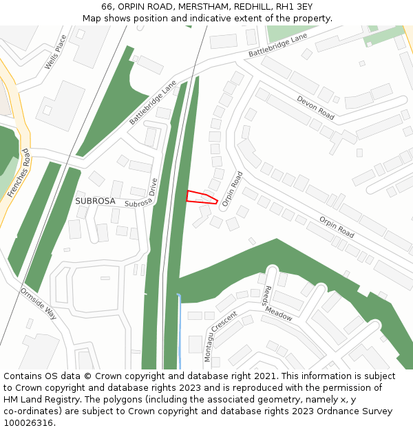 66, ORPIN ROAD, MERSTHAM, REDHILL, RH1 3EY: Location map and indicative extent of plot