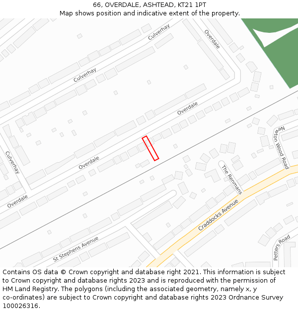 66, OVERDALE, ASHTEAD, KT21 1PT: Location map and indicative extent of plot