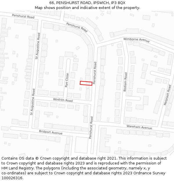 66, PENSHURST ROAD, IPSWICH, IP3 8QX: Location map and indicative extent of plot