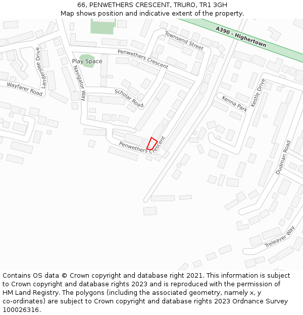 66, PENWETHERS CRESCENT, TRURO, TR1 3GH: Location map and indicative extent of plot