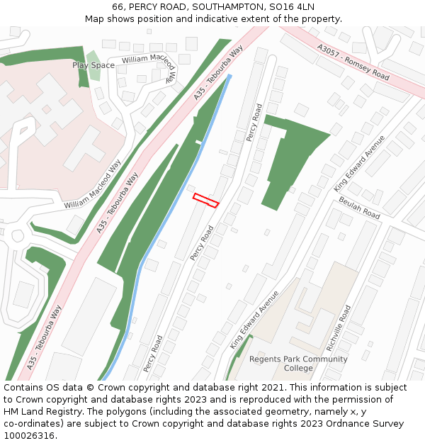 66, PERCY ROAD, SOUTHAMPTON, SO16 4LN: Location map and indicative extent of plot