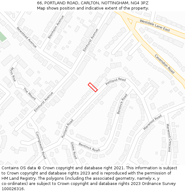 66, PORTLAND ROAD, CARLTON, NOTTINGHAM, NG4 3PZ: Location map and indicative extent of plot