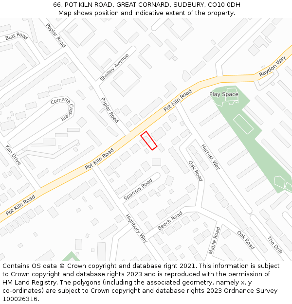 66, POT KILN ROAD, GREAT CORNARD, SUDBURY, CO10 0DH: Location map and indicative extent of plot