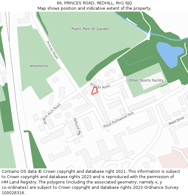 66, PRINCES ROAD, REDHILL, RH1 6JQ: Location map and indicative extent of plot