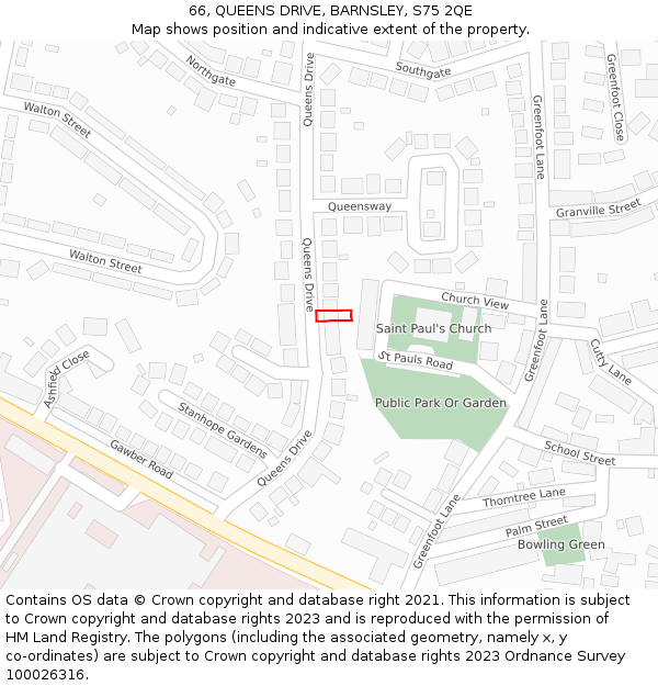 66, QUEENS DRIVE, BARNSLEY, S75 2QE: Location map and indicative extent of plot