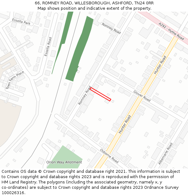 66, ROMNEY ROAD, WILLESBOROUGH, ASHFORD, TN24 0RR: Location map and indicative extent of plot