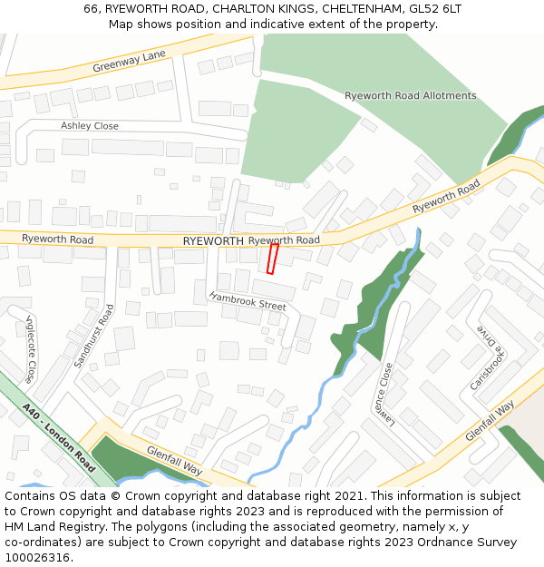 66, RYEWORTH ROAD, CHARLTON KINGS, CHELTENHAM, GL52 6LT: Location map and indicative extent of plot