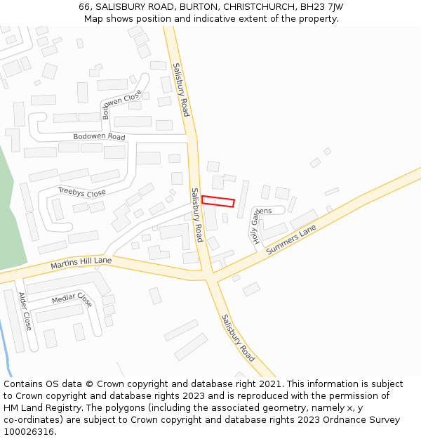 66, SALISBURY ROAD, BURTON, CHRISTCHURCH, BH23 7JW: Location map and indicative extent of plot