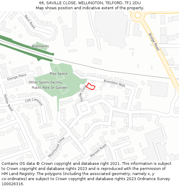 66, SAVILLE CLOSE, WELLINGTON, TELFORD, TF1 2DU: Location map and indicative extent of plot