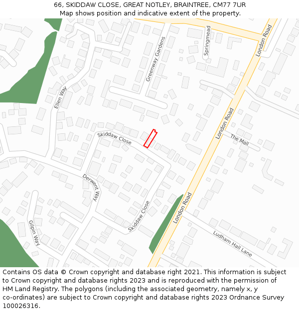 66, SKIDDAW CLOSE, GREAT NOTLEY, BRAINTREE, CM77 7UR: Location map and indicative extent of plot