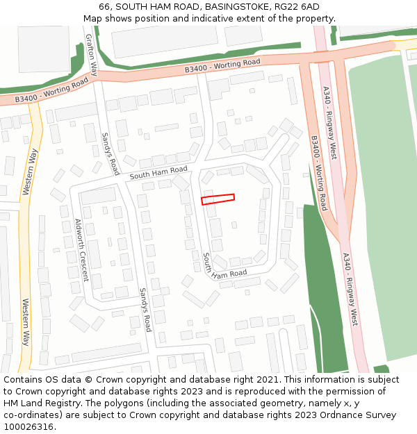 66, SOUTH HAM ROAD, BASINGSTOKE, RG22 6AD: Location map and indicative extent of plot