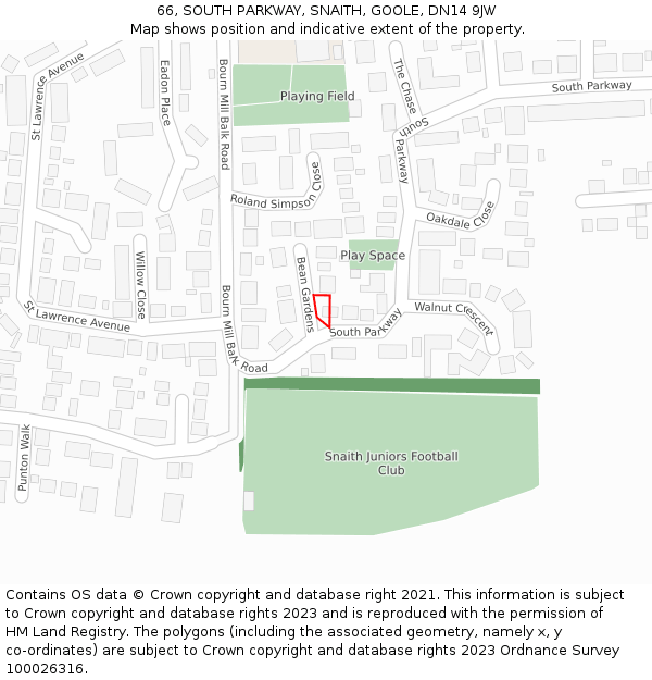 66, SOUTH PARKWAY, SNAITH, GOOLE, DN14 9JW: Location map and indicative extent of plot