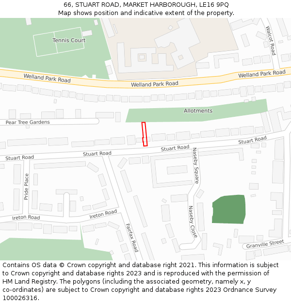 66, STUART ROAD, MARKET HARBOROUGH, LE16 9PQ: Location map and indicative extent of plot