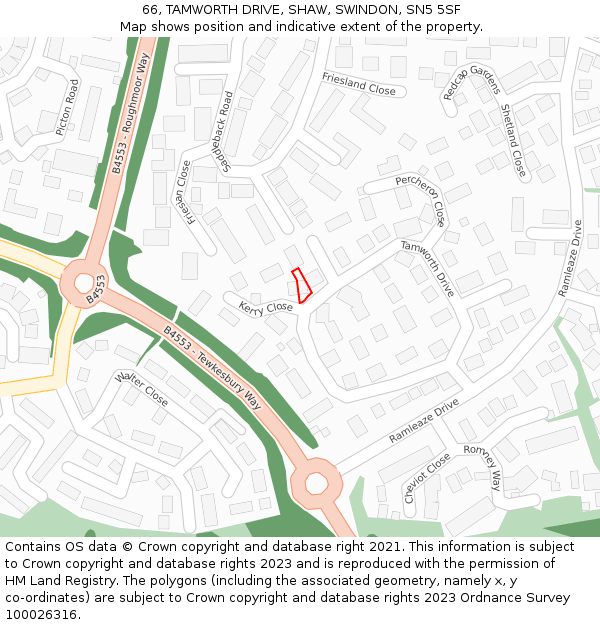 66, TAMWORTH DRIVE, SHAW, SWINDON, SN5 5SF: Location map and indicative extent of plot