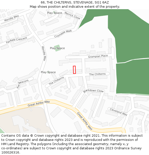 66, THE CHILTERNS, STEVENAGE, SG1 6AZ: Location map and indicative extent of plot
