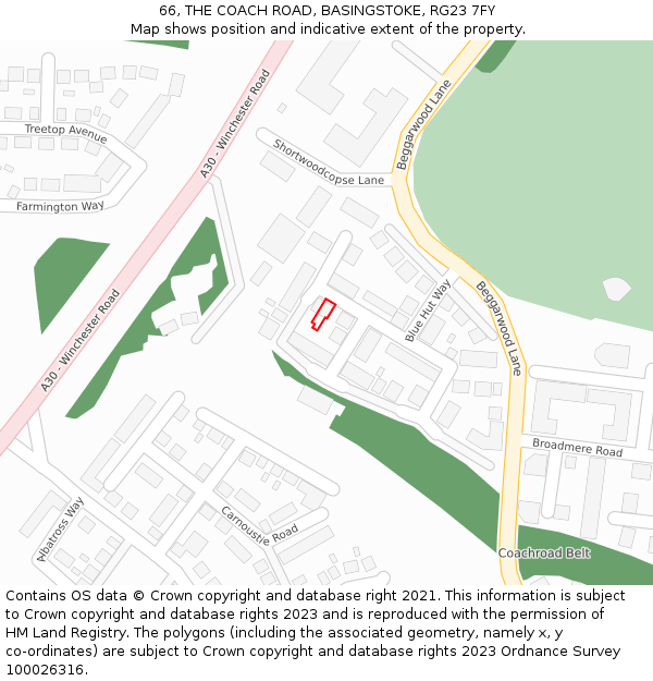66, THE COACH ROAD, BASINGSTOKE, RG23 7FY: Location map and indicative extent of plot