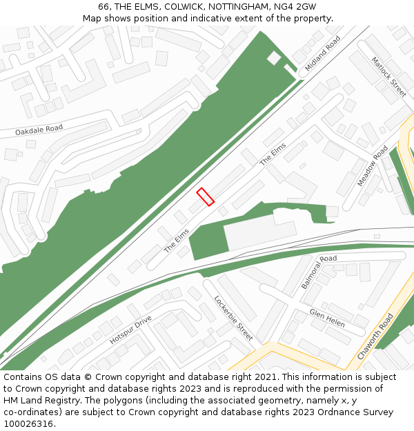 66, THE ELMS, COLWICK, NOTTINGHAM, NG4 2GW: Location map and indicative extent of plot