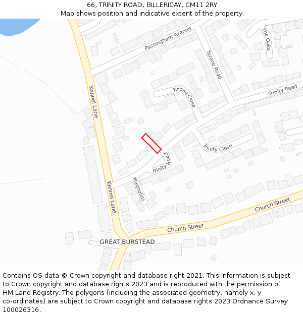 66, TRINITY ROAD, BILLERICAY, CM11 2RY: Location map and indicative extent of plot