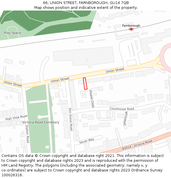 66, UNION STREET, FARNBOROUGH, GU14 7QB: Location map and indicative extent of plot
