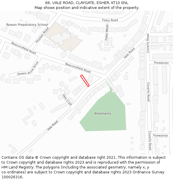 66, VALE ROAD, CLAYGATE, ESHER, KT10 0NL: Location map and indicative extent of plot