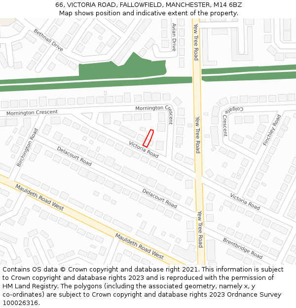66, VICTORIA ROAD, FALLOWFIELD, MANCHESTER, M14 6BZ: Location map and indicative extent of plot