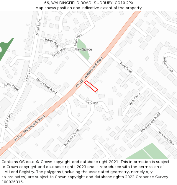 66, WALDINGFIELD ROAD, SUDBURY, CO10 2PX: Location map and indicative extent of plot