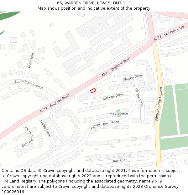 66, WARREN DRIVE, LEWES, BN7 1HD: Location map and indicative extent of plot