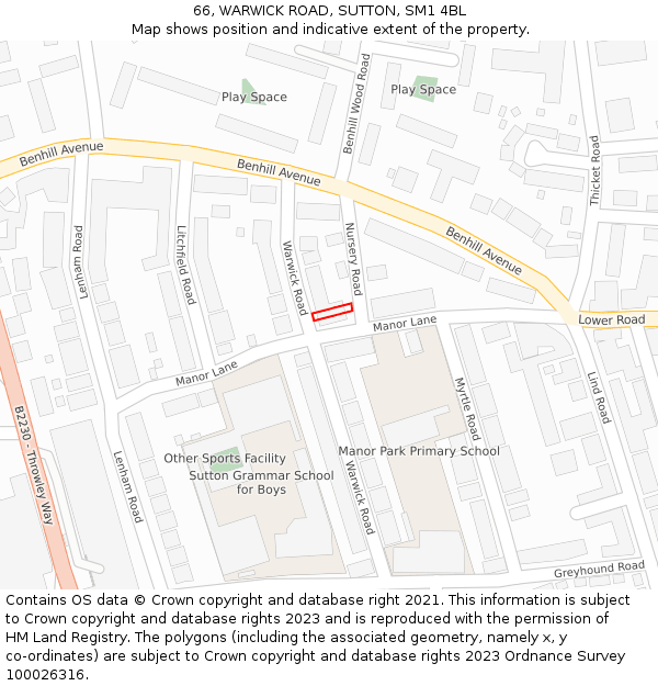 66, WARWICK ROAD, SUTTON, SM1 4BL: Location map and indicative extent of plot